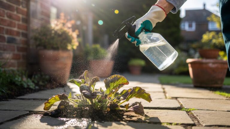 Illustration of a gardener spraying vinegar onto weeds on a sunlit patio, with the foliage visibly wilting.