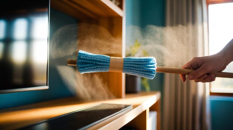 Illustration of a microfibre cloth secured with a rubber band around a handle being used to dust a shelf