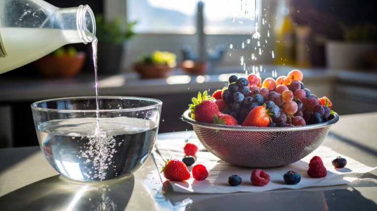 Illustration of fresh strawberries, blueberries, and grapes being rinsed in a 1:3 vinegar–water solution and set to dry on paper towels