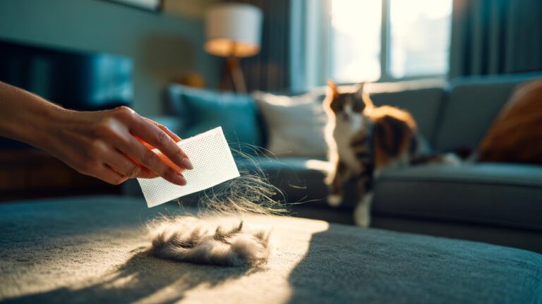 Illustration of a person using a dryer sheet to remove pet hair from clothing