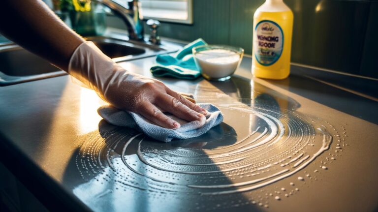 Illustration of a hand applying a baking soda and washing-up liquid paste to a greasy stainless-steel hob for a 5-minute degrease