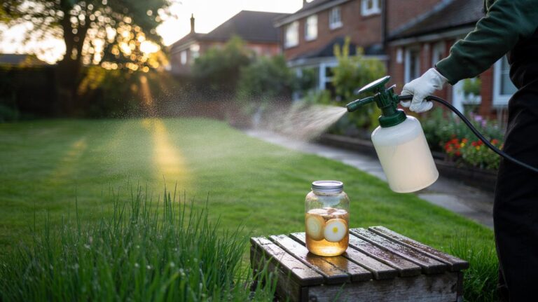 Illustration of a gardener spraying diluted onion water onto a UK lawn to promote overnight greening