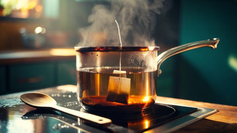 Illustration of a burnt stainless-steel pan being cleaned with a tea bag steeping in hot water, residue loosening after three minutes