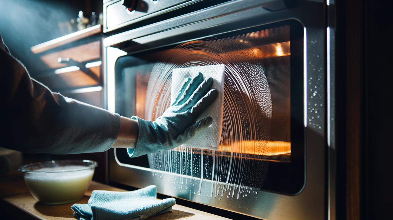 Illustration of a hand using a damp dryer sheet to break down oven grime on the interior glass door