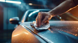 Illustration of aluminium foil being used to remove light rust from a chrome surface