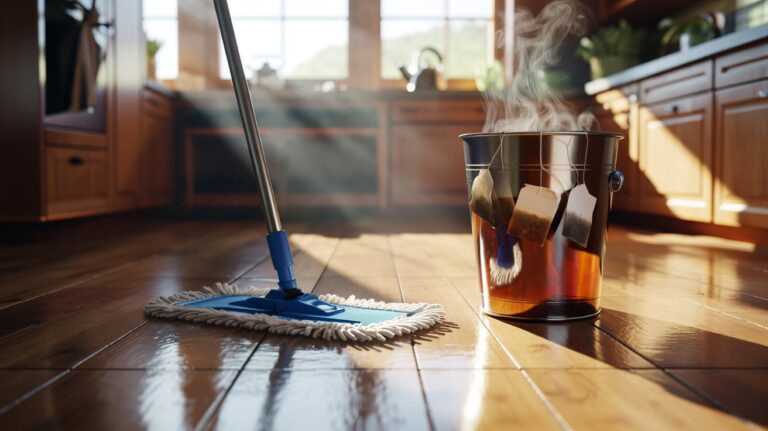 Illustration of black tea bags and a microfibre mop used to restore shine to a sealed wooden floor in 10 minutes