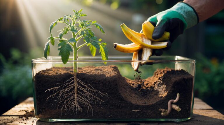 Illustration of chopped banana peels being buried in garden soil near plant roots to enrich the soil and support rapid plant growth